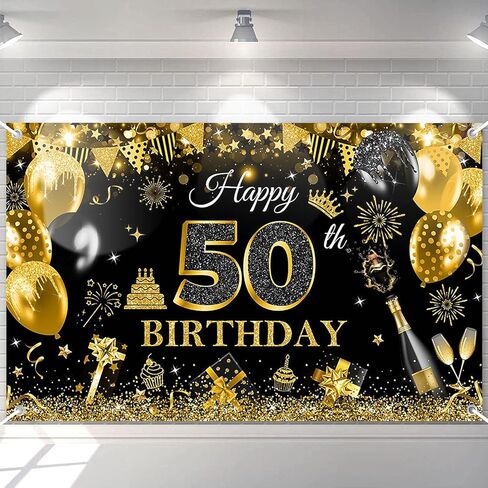 Avezano Happy 50th Birthday Banner for Men Boys Black and Gold Glitter Balloon 50 Birthday Party Backdrop 50 Year Old Bday Photo Backdrop Party Supplies 70.8 x 43.3 Inch in Saudi Arabia