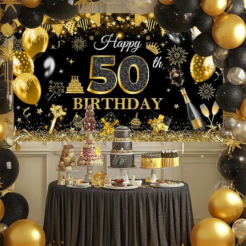 Avezano Happy 50th Birthday Banner for Men Boys Black and Gold Glitter Balloon 50 Birthday Party Backdrop 50 Year Old Bday Photo Backdrop Party Supplies 70.8 x 43.3 Inch in Saudi Arabia