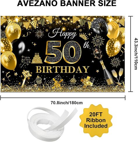 Avezano Happy 50th Birthday Banner for Men Boys Black and Gold Glitter Balloon 50 Birthday Party Backdrop 50 Year Old Bday Photo Backdrop Party Supplies 70.8 x 43.3 Inch in Saudi Arabia