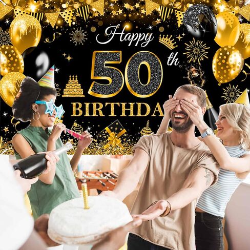 Avezano Happy 50th Birthday Banner for Men Boys Black and Gold Glitter Balloon 50 Birthday Party Backdrop 50 Year Old Bday Photo Backdrop Party Supplies 70.8 x 43.3 Inch in Saudi Arabia