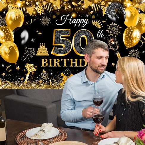 Avezano Happy 50th Birthday Banner for Men Boys Black and Gold Glitter Balloon 50 Birthday Party Backdrop 50 Year Old Bday Photo Backdrop Party Supplies 70.8 x 43.3 Inch in Saudi Arabia