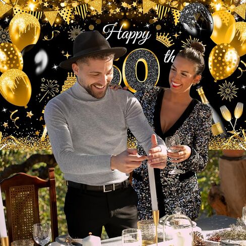 Avezano Happy 50th Birthday Banner for Men Boys Black and Gold Glitter Balloon 50 Birthday Party Backdrop 50 Year Old Bday Photo Backdrop Party Supplies 70.8 x 43.3 Inch in Saudi Arabia