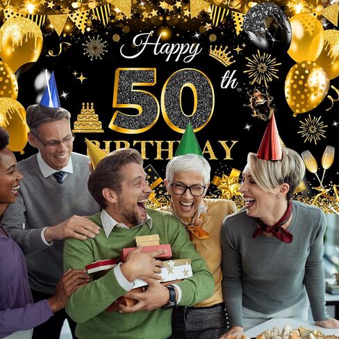 Avezano Happy 50th Birthday Banner for Men Boys Black and Gold Glitter Balloon 50 Birthday Party Backdrop 50 Year Old Bday Photo Backdrop Party Supplies 70.8 x 43.3 Inch in Saudi Arabia