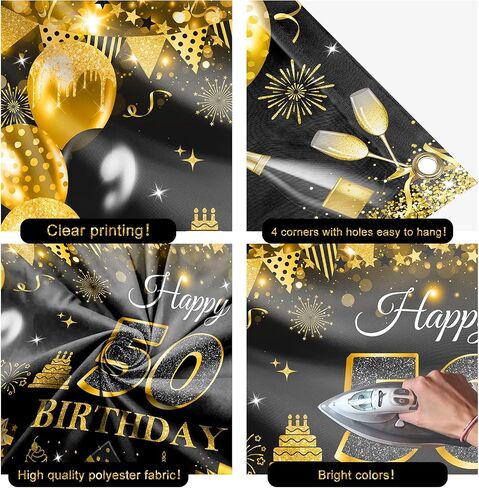 Avezano Happy 50th Birthday Banner for Men Boys Black and Gold Glitter Balloon 50 Birthday Party Backdrop 50 Year Old Bday Photo Backdrop Party Supplies 70.8 x 43.3 Inch in Saudi Arabia