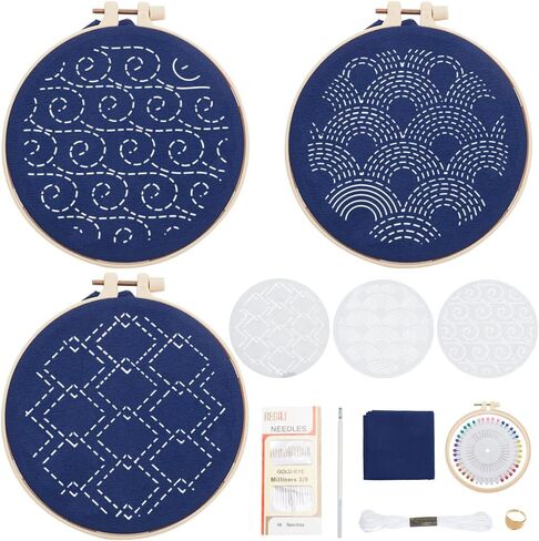 FreeBloss 3 Set Sashiko Kit Sashiko تطريز طقم المبتدئين تشمل خيط التطريز والإبر والأقمشة والخياطة اليدوية مع قالب الحيوانات الأليفة in Saudi Arabia
