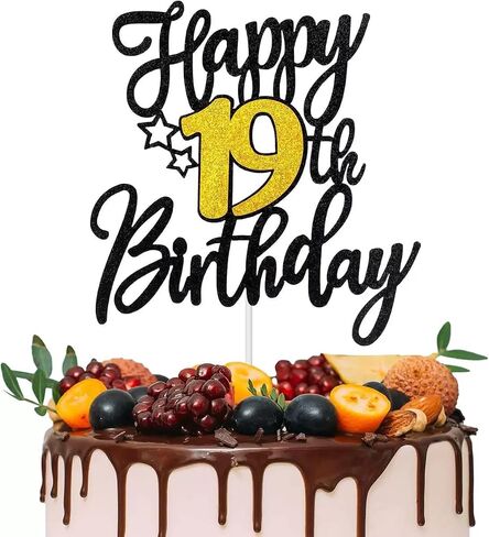 Glitter Black Gold Happy 19th Birthday Cake Toppers ، Decorations Birthday Cake Topper for Boys Girls 19 years alen eno in Kuwait