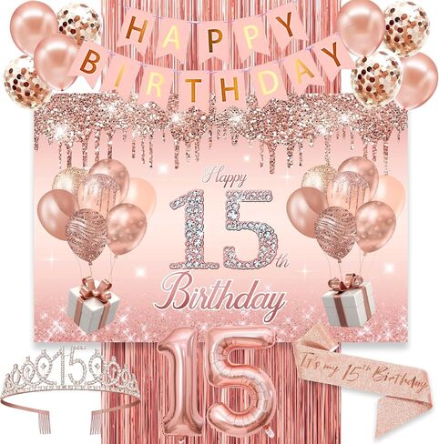 15th Birthday Decorations for Girls,rose gold happy birthday banner,happy 15th birthday Backdrop, it’s my 15th Birthday Sash, Sweet Rhinestone Tiara Crown,15th Balloons, Rose Gold in Kuwait