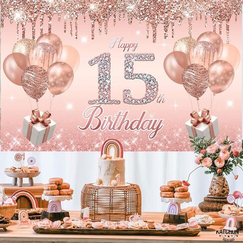 15th Birthday Decorations for Girls,rose gold happy birthday banner,happy 15th birthday Backdrop, it’s my 15th Birthday Sash, Sweet Rhinestone Tiara Crown,15th Balloons, Rose Gold in Kuwait