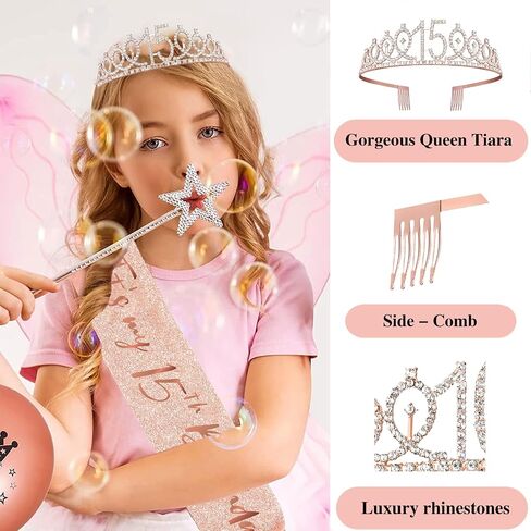 15th Birthday Decorations for Girls,rose gold happy birthday banner,happy 15th birthday Backdrop, it’s my 15th Birthday Sash, Sweet Rhinestone Tiara Crown,15th Balloons, Rose Gold in Kuwait