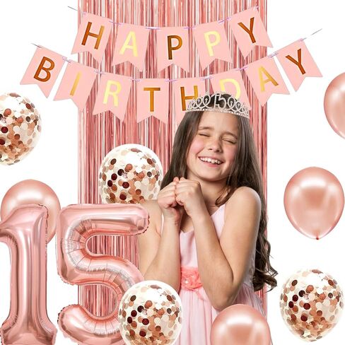 15th Birthday Decorations for Girls,rose gold happy birthday banner,happy 15th birthday Backdrop, it’s my 15th Birthday Sash, Sweet Rhinestone Tiara Crown,15th Balloons, Rose Gold in Kuwait