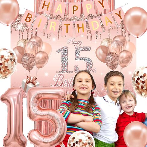 15th Birthday Decorations for Girls,rose gold happy birthday banner,happy 15th birthday Backdrop, it’s my 15th Birthday Sash, Sweet Rhinestone Tiara Crown,15th Balloons, Rose Gold in Kuwait