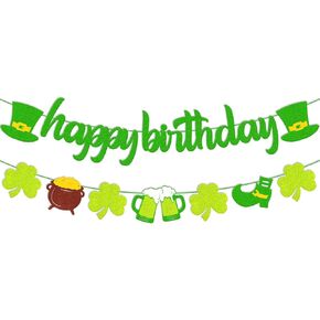 St Patricks Day Birthday Banner Lucky Happy Birthday Decoration Green Four Leaf Clover Garland Shamrock Day Irish Themed Men Women Bday Baby Shower Anniversary Party Supplies