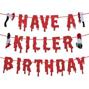 Red Glitter Have a Killer Birthday Banner - Pre-Strung Halloween Hanging Paper Garland Bunting Banner Bloody Decorations, Photo Backdrop for Wall Home Mantel Office Wall Scary Party Supplies
