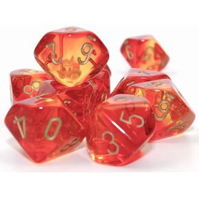 Translucent Red and Yellow Gemini Dice with Gold Numbers D10 16mm (5/8in) Pack of 10 Dice Chessex, Oxi-Copper Marble