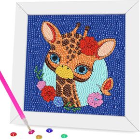 Miairivy Diamond Painting for Kids, 5D Animal Diamond Art Mini Small Kit(with Wooden Frame), DIY Cute Giraffe Big Gem Painting Set, Paint by Diamonds Crafts for Girls Boys Ages 4-12