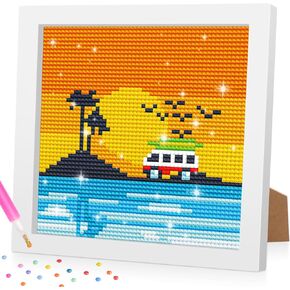 Bowetile Beach 5D Diamond Art Kits for Adults Beginners with Frame, Fancy Seaside Diamond Painting Kits for Adults Kids, DIY Full Drill Diamond Crystal Gem Paintings Arts and Crafts for Home Decor