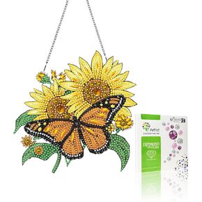 Vaiieyo Butterfly Diamond Painting Hanging Ornament ، Sunflower Double Side Hanging Kit مع سلسلة ، 7.5 × 7.5 بوصة Crystal Prend Art Craft for Gift Home Wall Doort-2