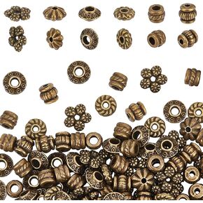 PH PandaHall 300pcs Spacer Beads for Bracelets, 6 Styles Tibetan Beads Alloy Flat Flower Cube Beads Antique Bronze Loose Beads Plated Beads Spacers for Bracelet Necklace Earring Jewelry Making, 5~7mm