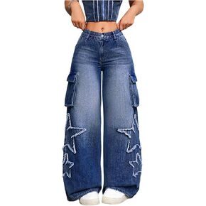 SHENHE Women's Low Waisted Wide Leg Cargo Jeans Star Denim Pants Loose Y2k Baggy Jeans Streetwear in Saudi Arabia