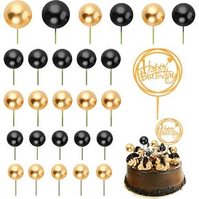 Mini Ball Cake Topper, 27 PCS Black & Gold Ball Shaped Cupcake Toppers Foam Balls Cake Picks Cake Topper Balls Cake Decoration Supplies for Birthday Wedding Anniversary Valentines Party