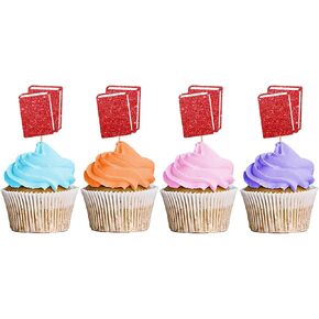 24PCS Books Cupcake Toppers, Study Cupcake Toppers, Book Cupcake Picks for Reading Party, Book Club Party Teacher Birthday Party Decoration - Red Glitter