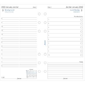 Filofax Calendar Diary Refill, Personal/Compact Size, Day on Two Pages with Appointments, White Paper, Bilingual, 2025 (C68417-25)