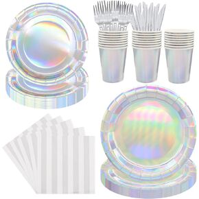 144pcs Iridescent Party Supplies Iridescent Party Tableware Set Serve 24 Guests Includes Holographic Paper Plates Cups Napkins Forks for Baby Shower Mermaid Birthday Party
