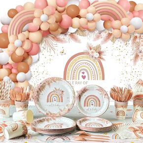 Boho Baby Shower Decorations for Girl,225 PCS Boho Rainbow Baby Shower Decorations Party Supplies (20 Guest) with Boho Paper Plates Cups Napkins Straws Tablecloth Backdrop Balloons Arch Kit