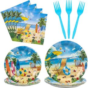96pcs شاطئية لوازم الحفلات - Summer Beach Party Party يمكن التخلص من أدوات المائدة المتاحة 7 بوصة و 9 بوصات ، والمناديل والشوكات لمستلزمات زخرفة الحفلات في هاواي ، وخدم 24