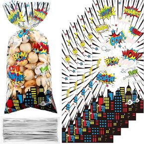 100 Pcs Cellophane Treat Bags Party Gift Candy Goodie Favor Bags with 100 Silver Twist Ties for Gift Wrapping Children Birthday Party Baby Shower Decor