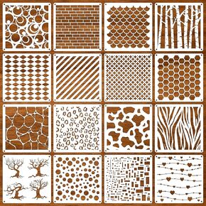 Lesnala 16 Pcs Stencils for Crafts Reusable DIY Plastic Layering Mixed Media Template Leopard Scale Trees Ceramic Tile Patterns for Drawing Art Furniture Wall Decoration 7.9 X 7.9 Inch