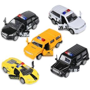 KIDAMI Die Cast Metal Little Toy Cars Set of 5, Openable Doors Pull Back Car Gift Pack for Kids (Police car)