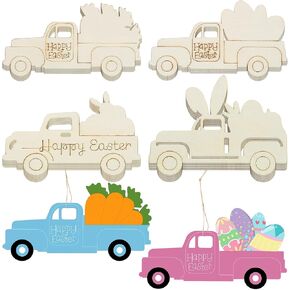 32 PCS Easter Wooden Onfull Truck Ornaments to Paint ، DIY Diy Diy Wood Truck Attouts with 32 Twines Happy Easter Bunny and Truck Shape Crafts Door Decor (32)
