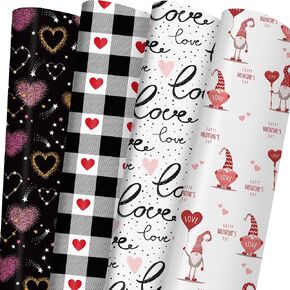 GIOLAINY Valentine's Day Wrapping Paper for Men Women - Heart, Gnome, White&Black Plaid, Love" Design - 8 Sheets, 20×29 Inches Each, Easy Storage