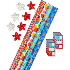 American Greetings Reversible Birthday, Baby, Wedding, and All Occasion Wrapping Paper, Unicorns and Dinosaurs (9 Rolls, 225 sq. ft.)