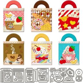 WADORN 4Pcs 3D Gift Box Dies Cuts, 3D Handle Dessert Bag Metal Cutting Dies Popcorn Strawberries Donut Bread Bag Cutting Stencils for DIY Scrapbooking Photo Album Card Craft Decoration Supplies