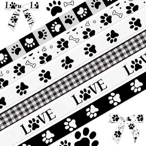 6pcs 3/8 "PAW PRINT RIBBONS GROSGRAIN Black White Dog Prin Print Print Dibons for Wapping Gift 15 Yard ، Paw Print Decor Marbon for Cog Dog Birthday Party Decoration Gift Diy Supplies