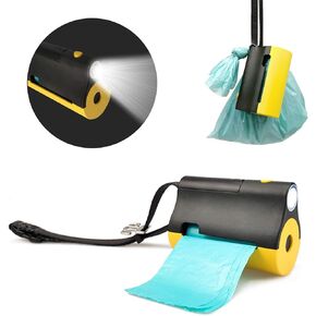 3 in 1 Dog Poop Bags Holder with Built-in LED Flashlight for Leash and Metal Clip for Hanging Used Bags Bi-Color Dog Poop Dispenser with Wristler(1 Holder 15 Bags, Black&Yellow)
