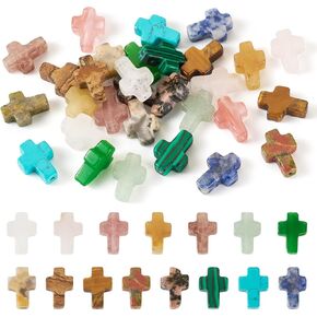 Beadthoven 30pcs Gemstone Cross Beads Small Stone Cross Spacer Beads Healing Crystal Jesus Crucifix Beads Natural Synthetic Gemstone Beads for Jewelry Making Necklace Bracelet Easter Beads Supplies