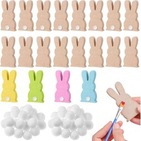 Sinmoe 40 Pieces Easter Wooden Bunny Cutouts Unfinished Bunny Table Wooden Signs with 22 White Felt Balls, Blank Bunny Wood Shaped Craft Tags, and 30 Adhesive Dots for Easter Crafts DIY Decor