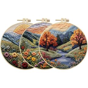3 Sets Embroidery Starter Kit for Adult Beginner with Landscape Tree Mountain River Floral Nature Scenery Pattern Hand Embroidery Set DIY Cross Stitch Kits with Hoops Needles Threads