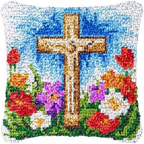 Easter Cross Latch Hook Pillow Kits Cover for DIY Cushion Cross Stitch Latch Hook Pillowcase Rug Kits with Preprinted Canvas Crochet Yarn Kits Needlework Crafts 17'' X 17''