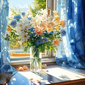Zythron Flower Diamond Painting مجموعات للبالغين نافذة زهور مجموعات فن الماس للبالغين المبتدئين DIY Plans Plans Paintings 5D GEM ART والحرف اليدوية للهدية ديكور الجدار المنزلي 14 × 14 بوصة