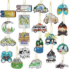 Siifert 20 PCS Camping Diamond Painting keychain kits with tools 5d DIY Diamond Art Pendants Cute Hanging Camping Drill Chains Craft Supplies for DIY الحلي