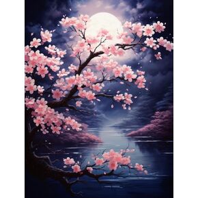 5D Diamond Art Painting Kits by Number for Adults Moon Night & Cherry Blossom Diamond Art Full Round Drill Crystal Rhinestone Embroidery Cross Stitch Craft Kits for Home Wall Decor Kits 30x40cm