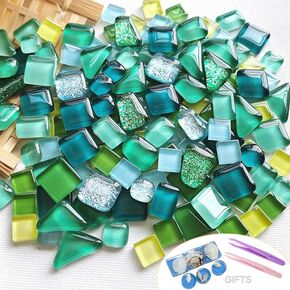 400g Mixed Shapes Glass Mosaic Tiles for Crafts Crystal Craft for Adults Kids Stained Glass Supplies for Bathroom Kitchen (Blue Series)