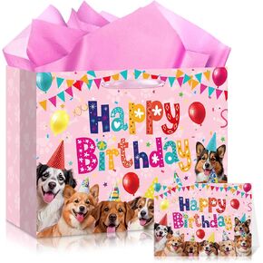 LUUFILx Dog Birthday Gift Bag Pink Puppy Gift Bags with Tissue Paper and Greeting Card Paw Print Wrapping Paper Large Dog Goodies Bags for Pet Dog Birthday Party and Dog Lovers Birthday Decorations