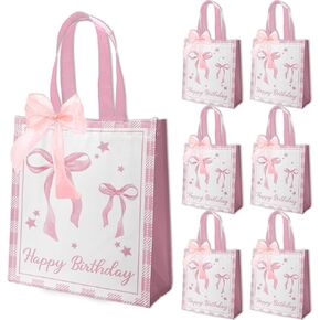 VDESFUEBY 16Pcs Pink Bow Party Favor Bags Pink Bow Non-woven Bags Goodie Gift Bags with Handle Ribbon for Pink Bow Birthday Party Supplies Conquette Birthday Decorations