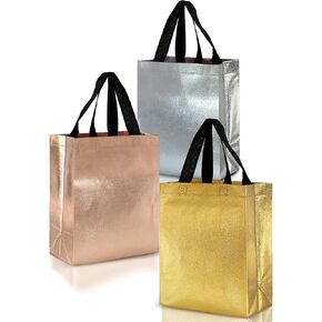 Nush Nush Luxury Mix Color Reusable Gift Bags Medium Size - Mix Color Set with 4 Rose Gold, 4 Silver, 4 Gold Gift Bags in Bulk - Birthday Gift Bags With Handles, Goodie Bags, Party Favor Bags - 8X4X10
