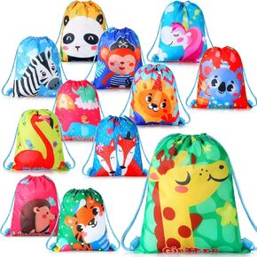 Shappy 12 Pcs Jungle Animal Drawstring Bags Cartoon Animal Print Party Favors Bags for Kids Safari Zoo Candy Goodie treat Gift Backpack Jungle theme Supplies for Boys Girls Birthday Baby Shower